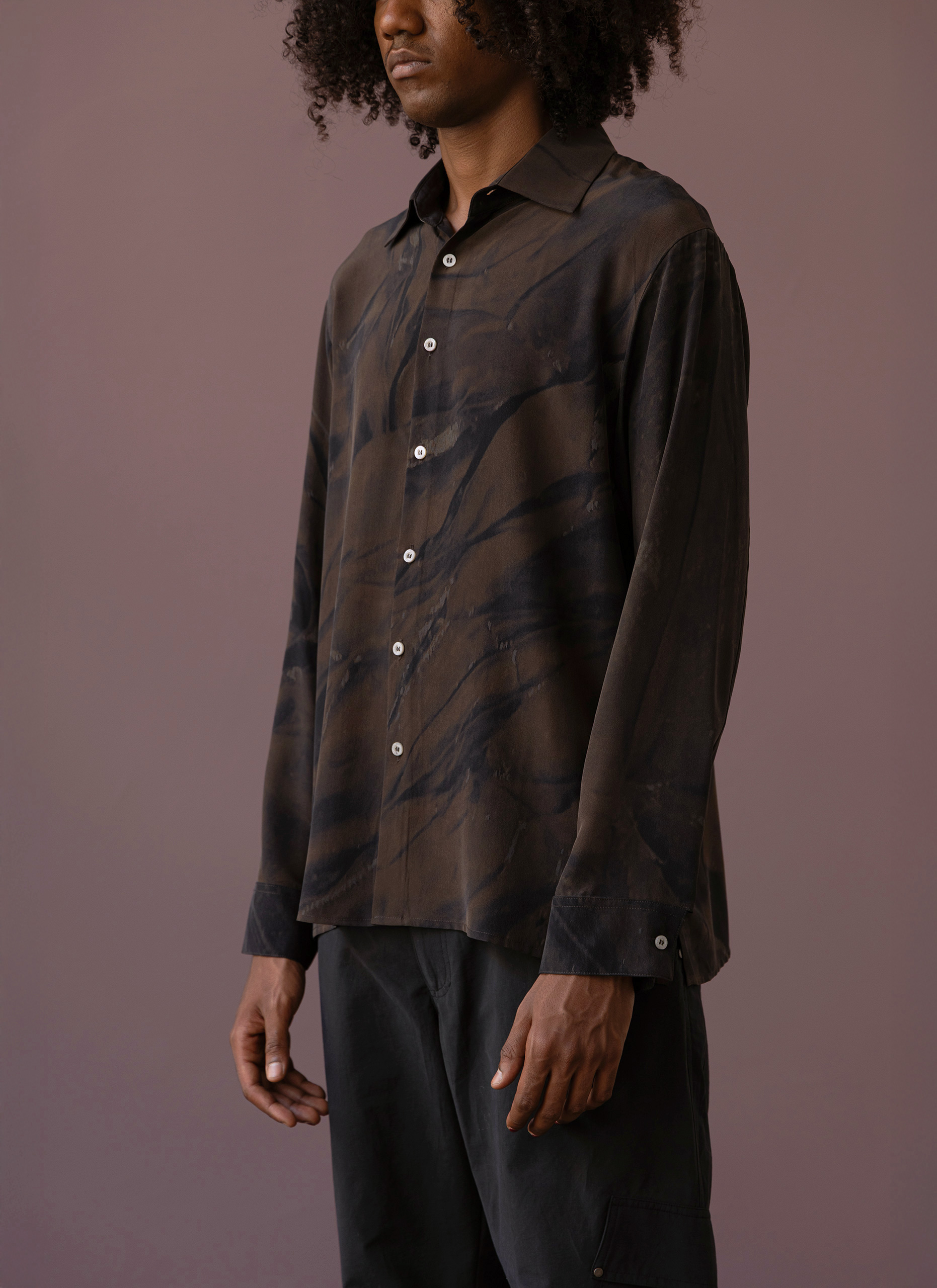 Wrinkles Brown Grey Silk Shirt Man
