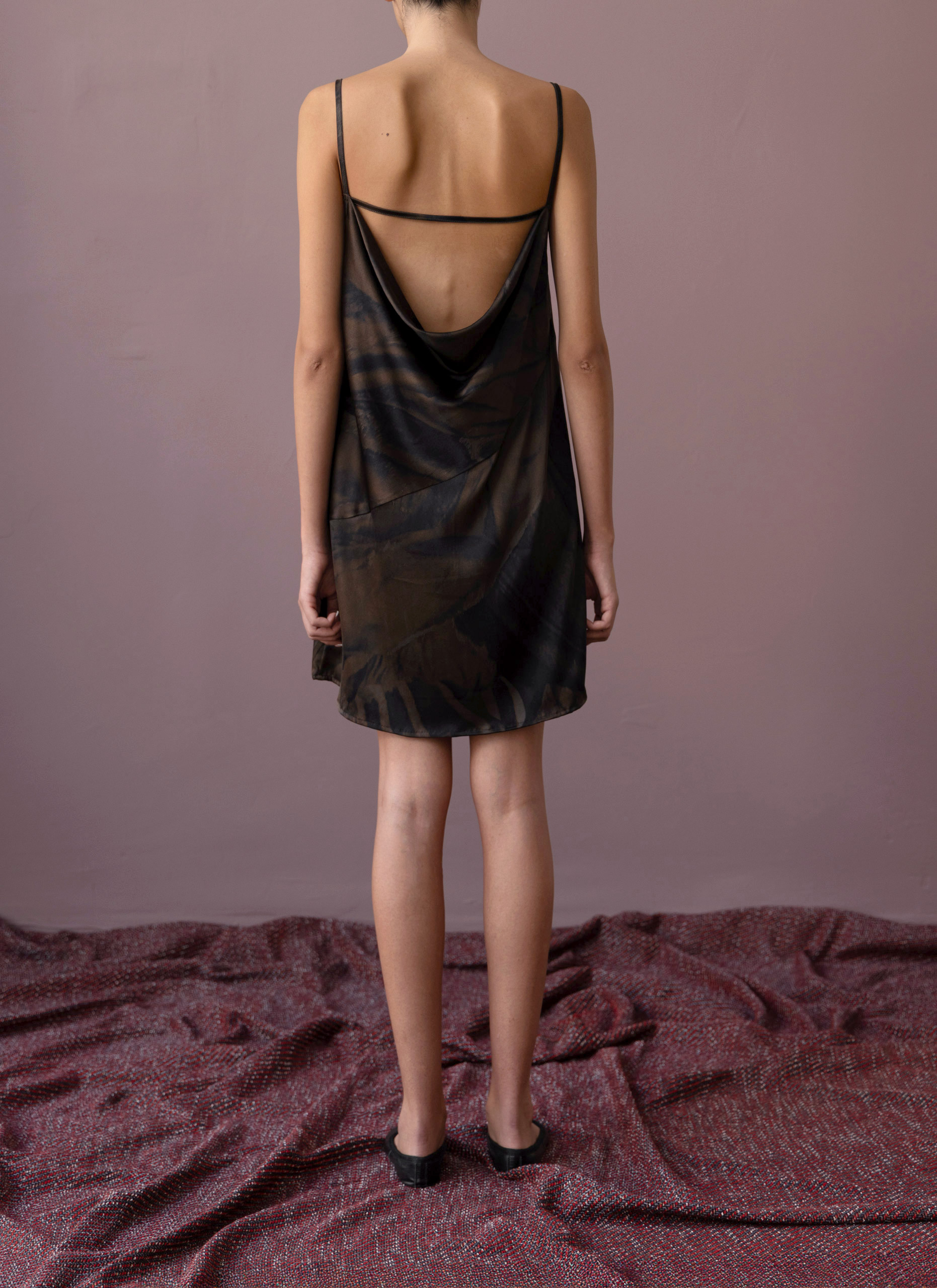 Wrinkles Brown Grey Open Back Silk Mini Dress