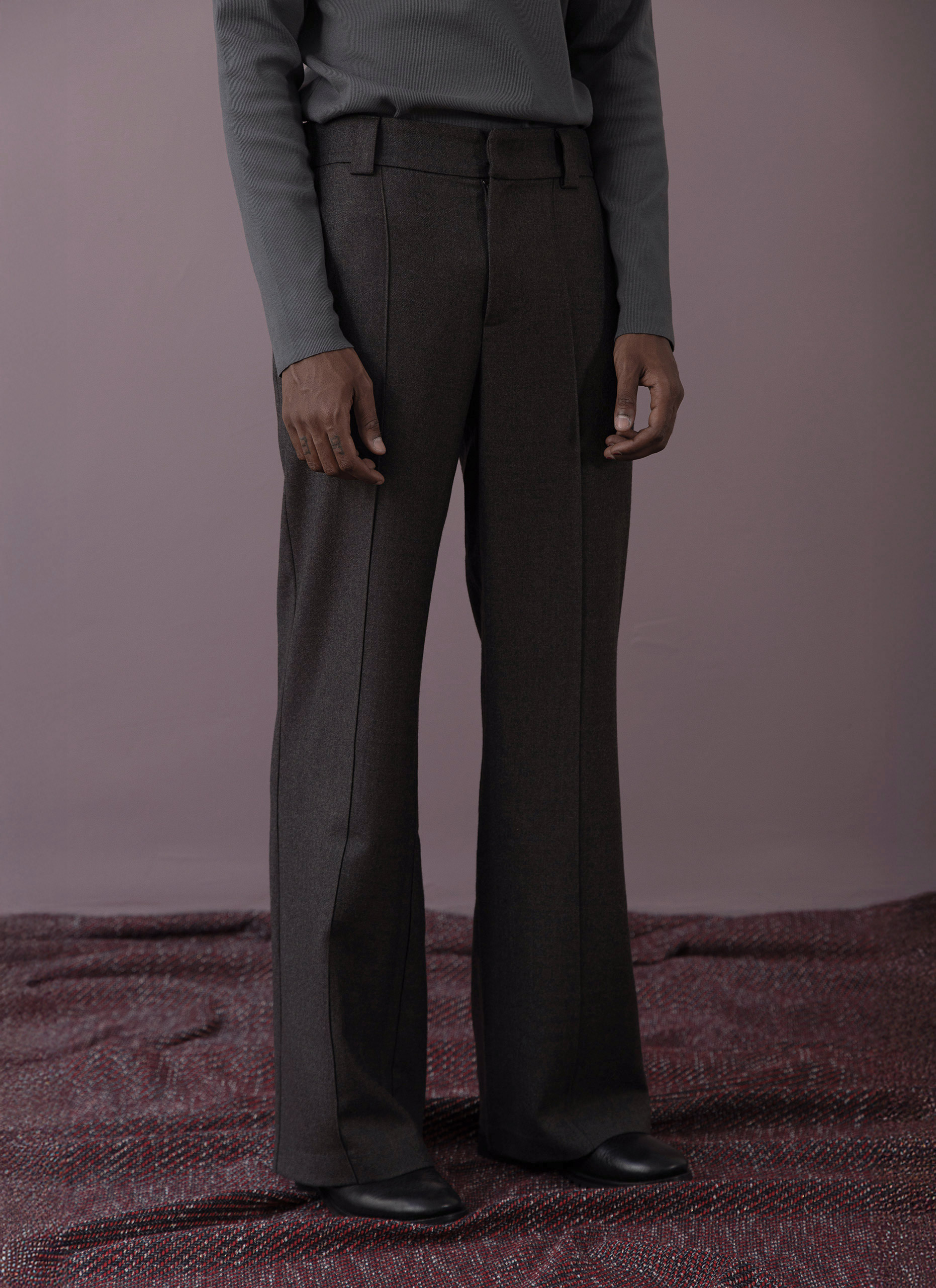 Dark Brown Grey Wool Unisex Tailored Trousers Man