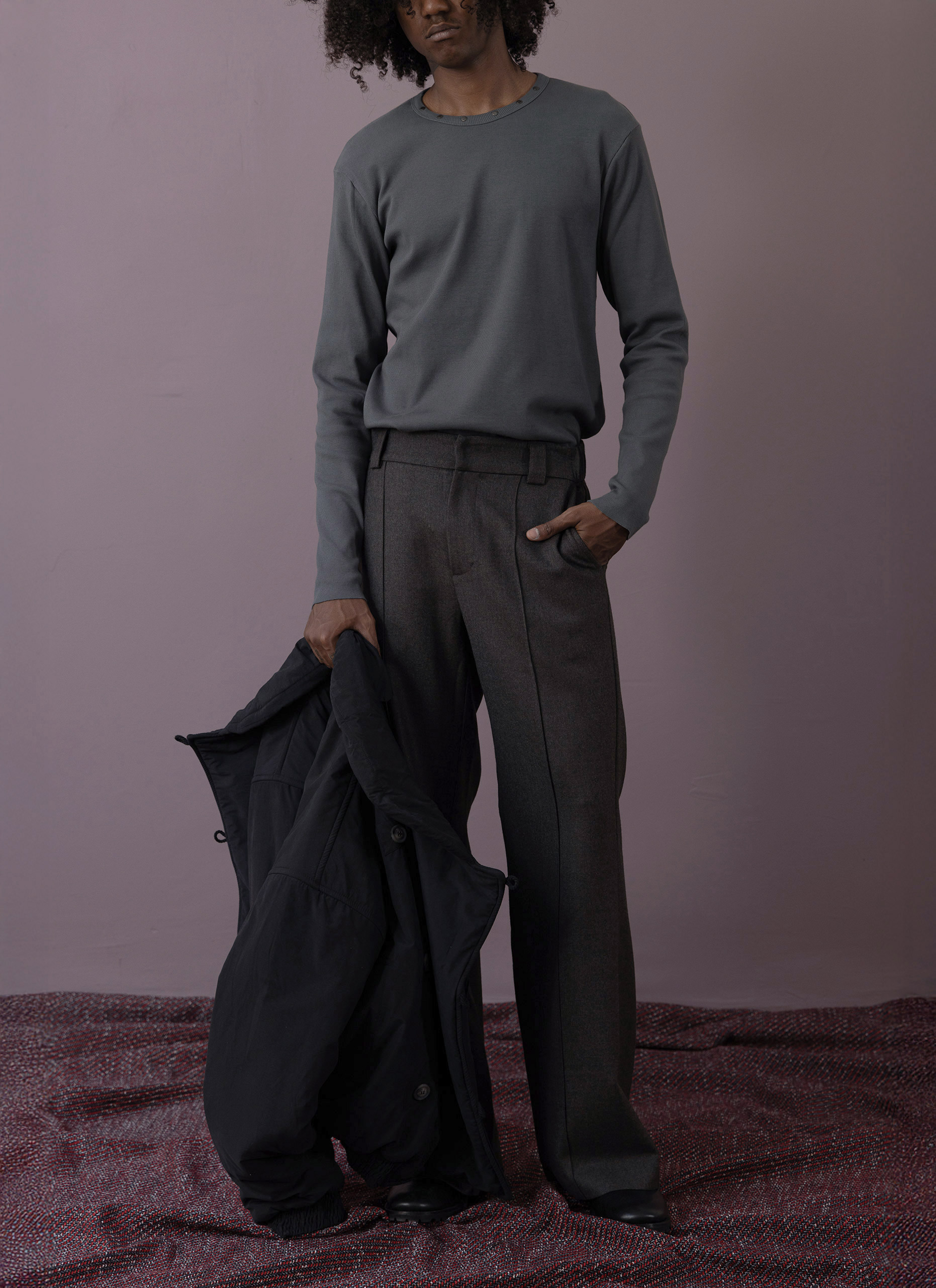 Dark Brown Grey Wool Unisex Tailored Trousers Man