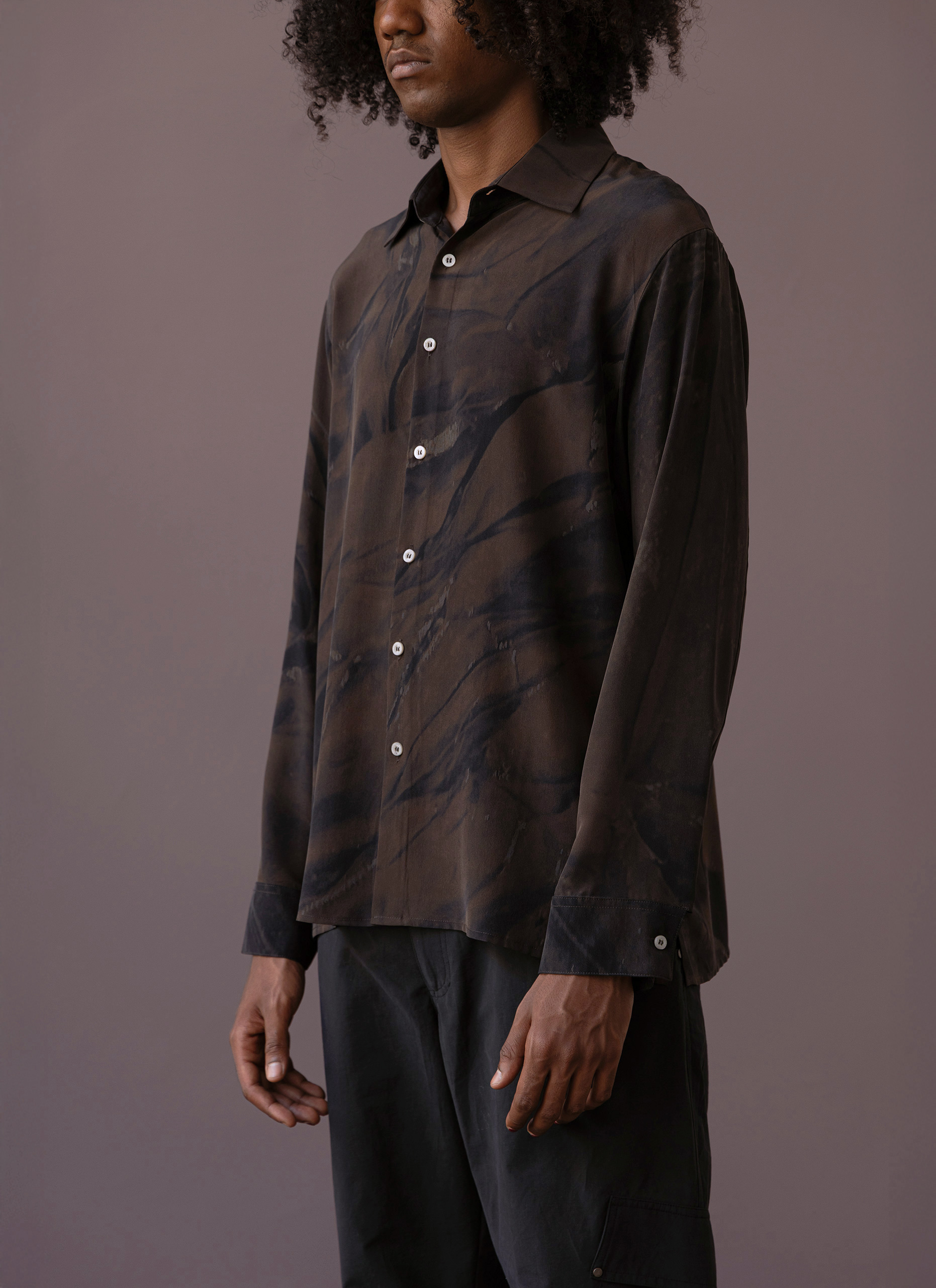 Wrinkles Brown Grey Silk Shirt Man